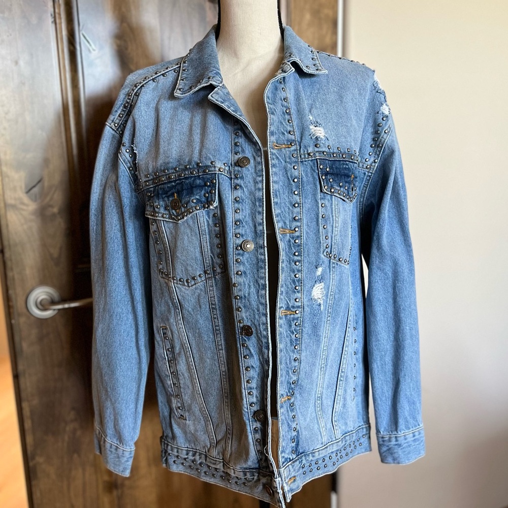 Free People Studded Jean Jacket with Distressed Details